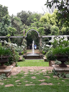 A fountain in the formal rose garden.